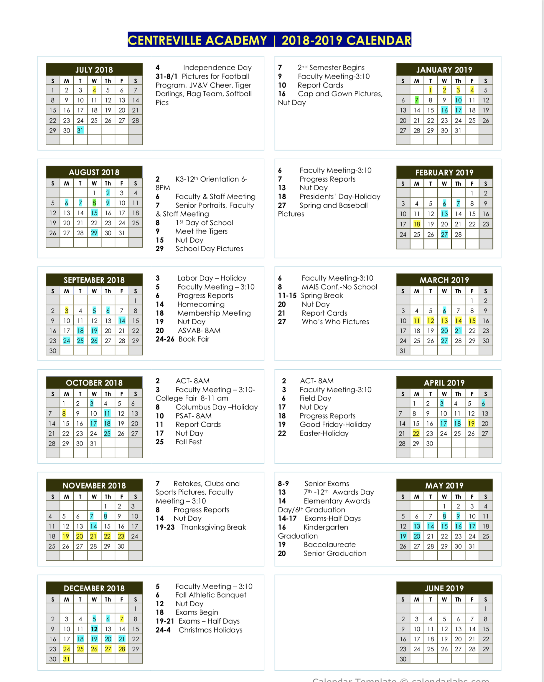 School Calendar Centreville Academy